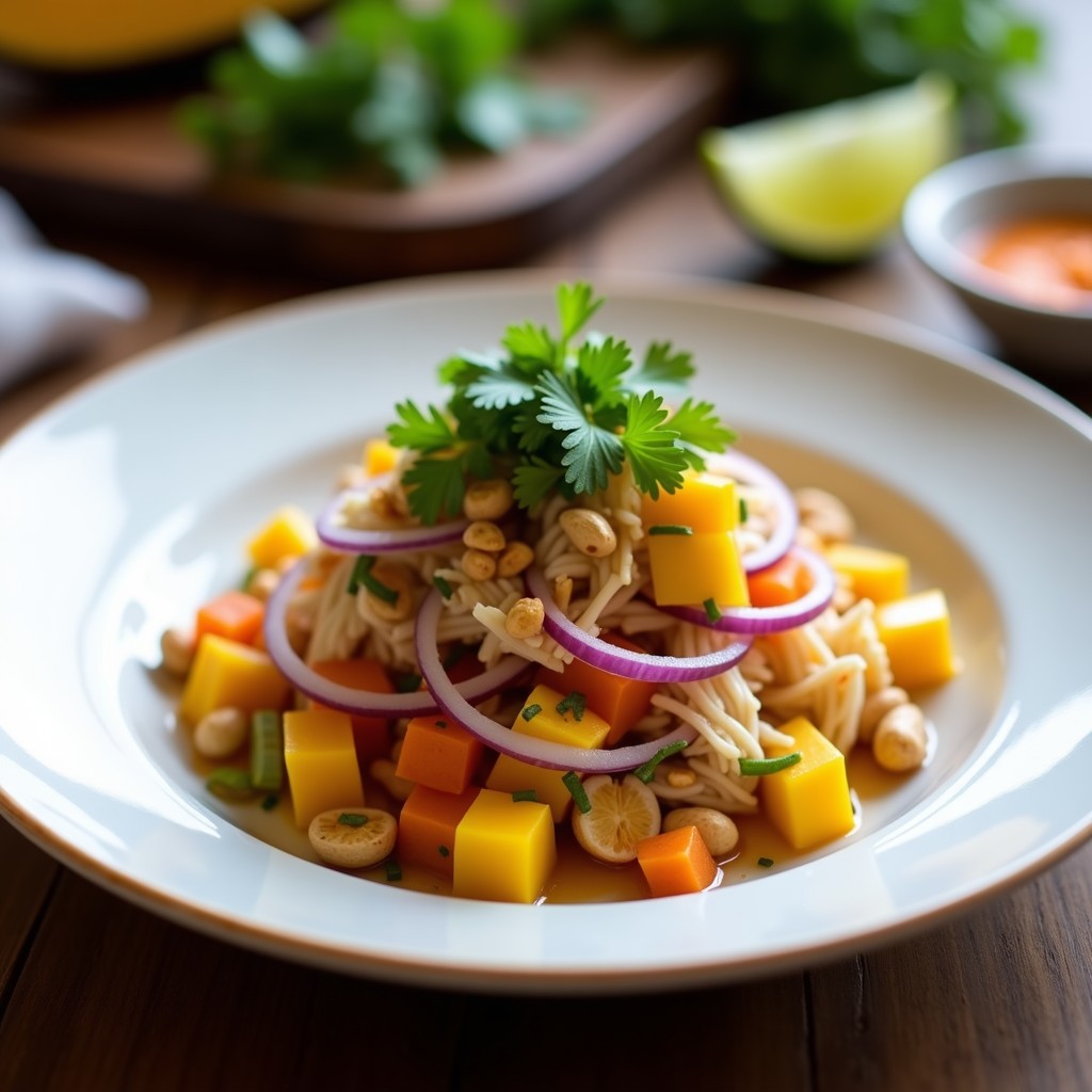 Plato de cebiche vegano con jackfruit desmenuzado, mango en cubos, cebolla roja y cilantro, decorado con rodajas de camote morado y maní tostado, sobre fondo rústico.