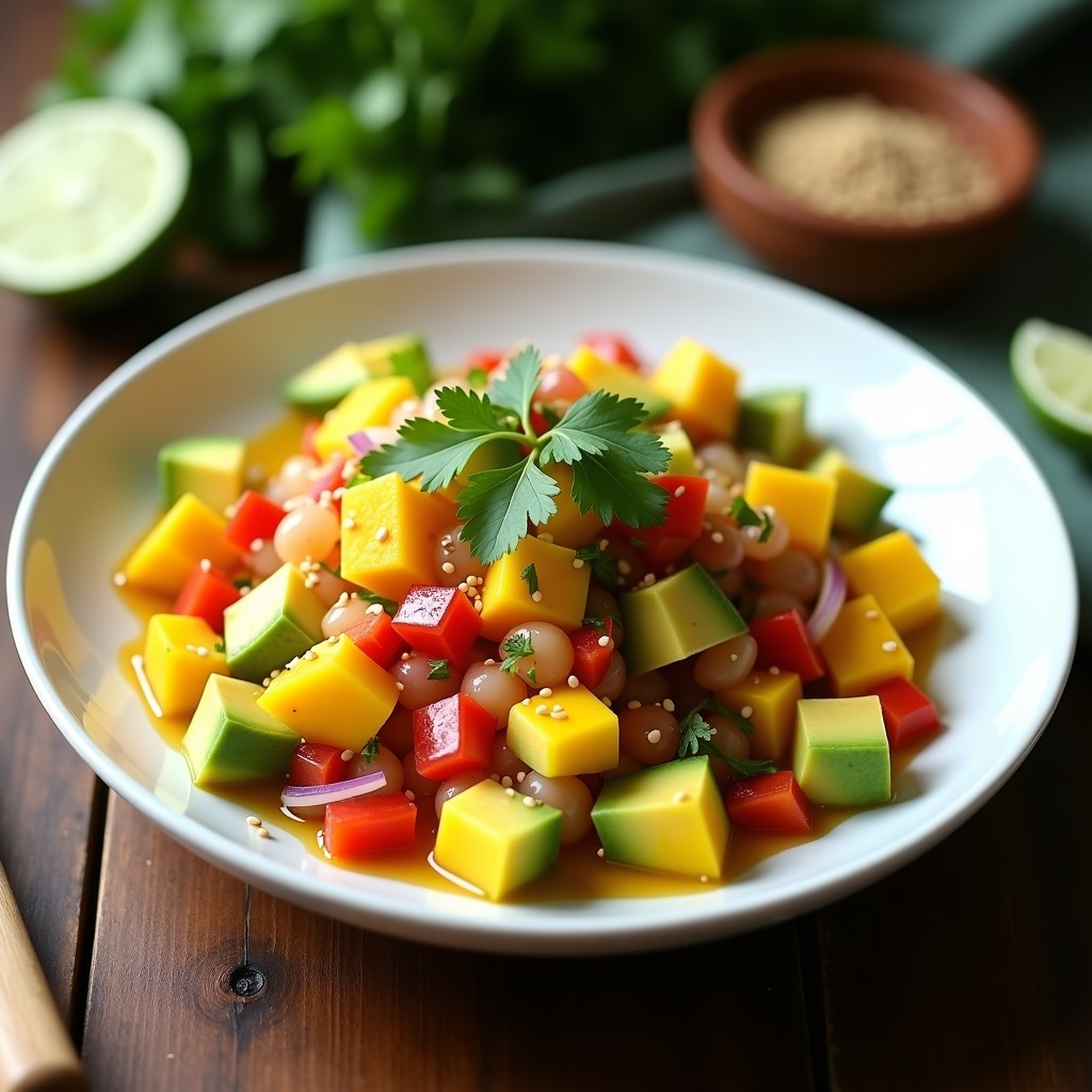 Plato blanco con cebiche vegano de mango y aguacate en cubos, pimiento rojo ahumado, cebolla morada y cilantro, decorado con semillas de sésamo, servido con hojas de lechuga y un fondo rústico.