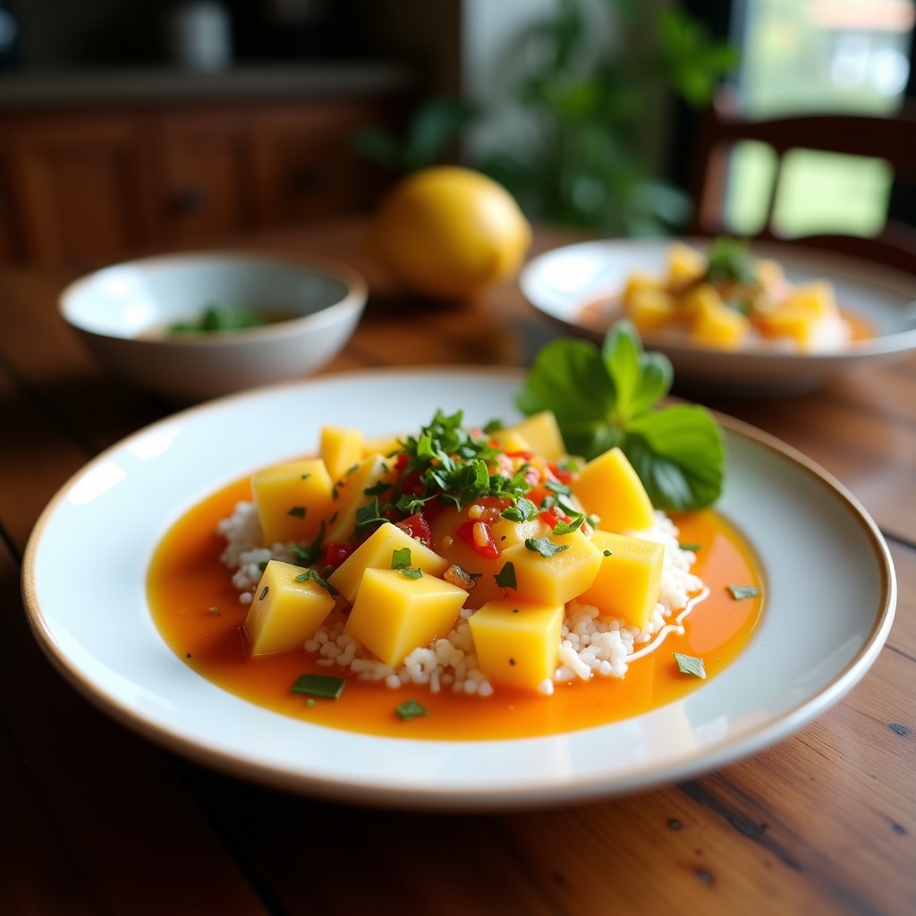 Copa de cristal transparente con cebiche vegano de mango y chile habanero, decorado con semillas de sésamo y algas nori, sobre fondo de madera rústica.