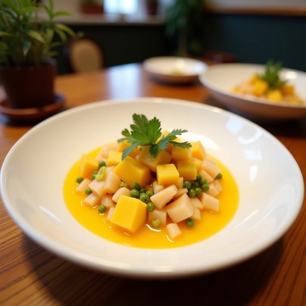Cebiche vegano de mango y coco servido en un plato blanco, con cubos de mango dorados, coco rallado y cilantro fresco, decorado con rodajas de lima.