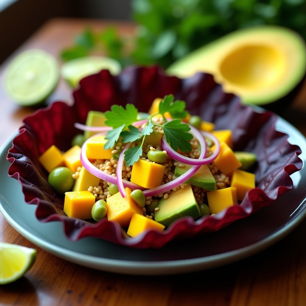 Cebiche vegano servido en hoja de lechuga morada, con cubos de mango amarillo, corazón de palta cremoso, cebolla morada y semillas de sésamo espolvoreadas, acompañado de rodajas de limón verde.