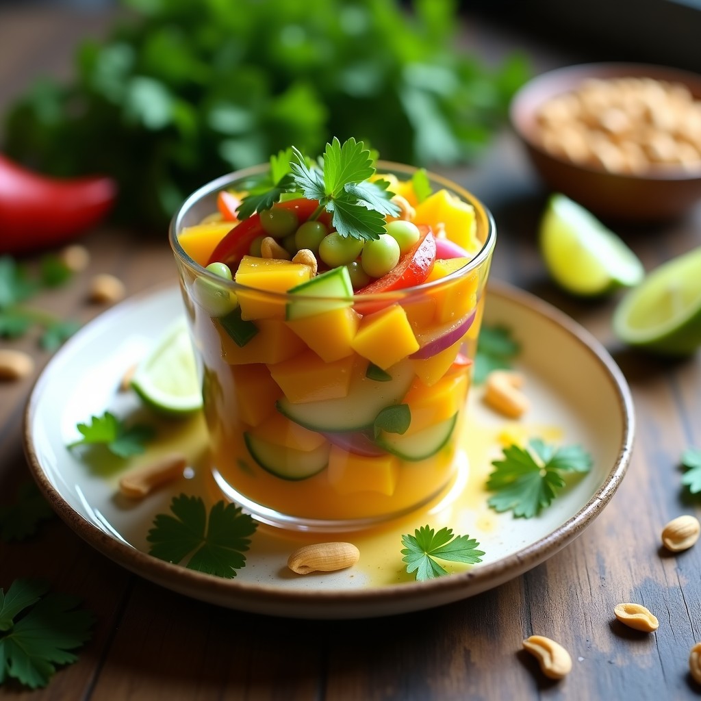 Copa de cristal transparente con cebiche vegano de mango y coriandro, decorado con cacahuetes picados y hojas de coriandro fresco. Fondos de vegetales crujientes y rodajas de limón verde.