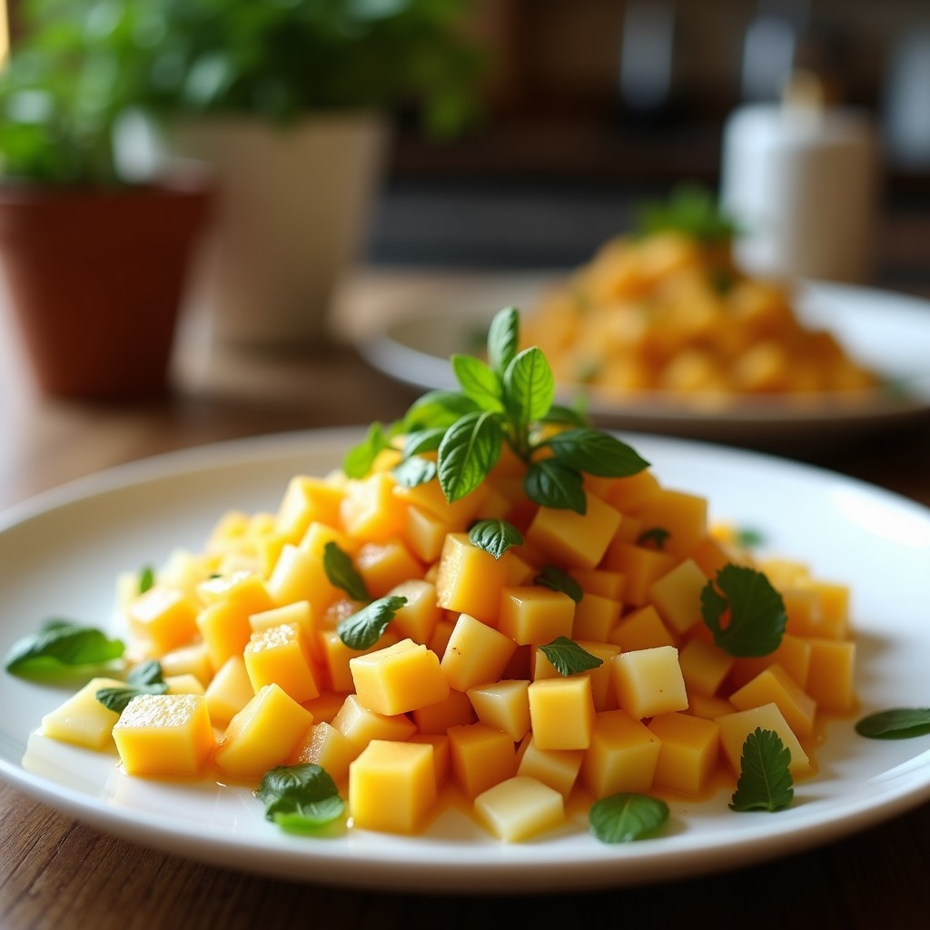 Copa de cristal transparente con cebiche vegano de mango y papaya en cubos, bañado en jugo de limón verde, decorado con cebolla morada, cilantro y hojas de hierba luisa. Fondo rústico con totopos de maíz.