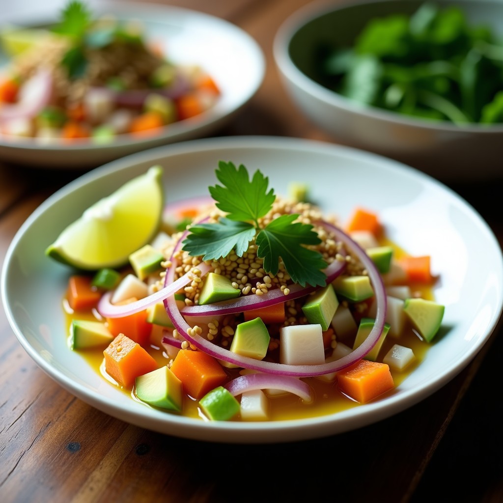 Plato blanco con cebiche vegano de palmitos en rodajas bañados en marinado cítrico, algas nori esparcidas, cebolla morada y aguacate en cubos. Decorado con semillas de sésamo y cilantro fresco.