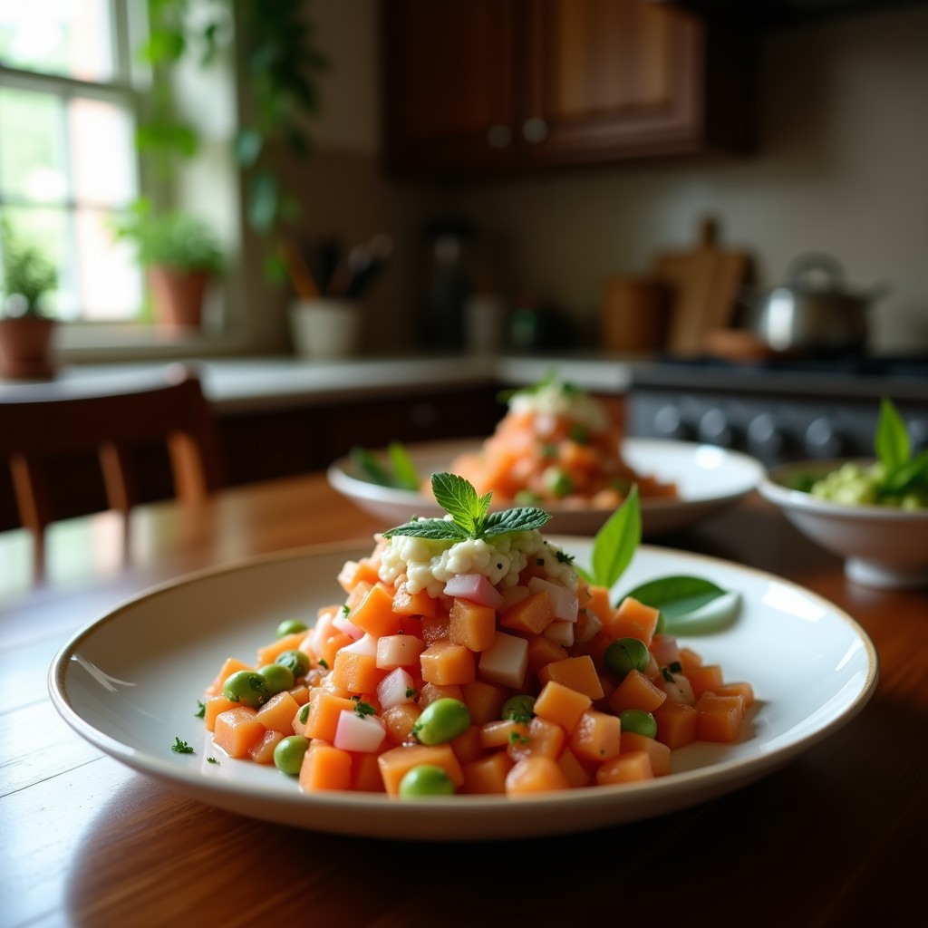 Plato blanco con cebiche vegano de palmitos en rodajas finas, bañados en marinado cremoso de leche de coco y limón, decorado con cebolla morada, cilantro, apio y cubos de aguacate.