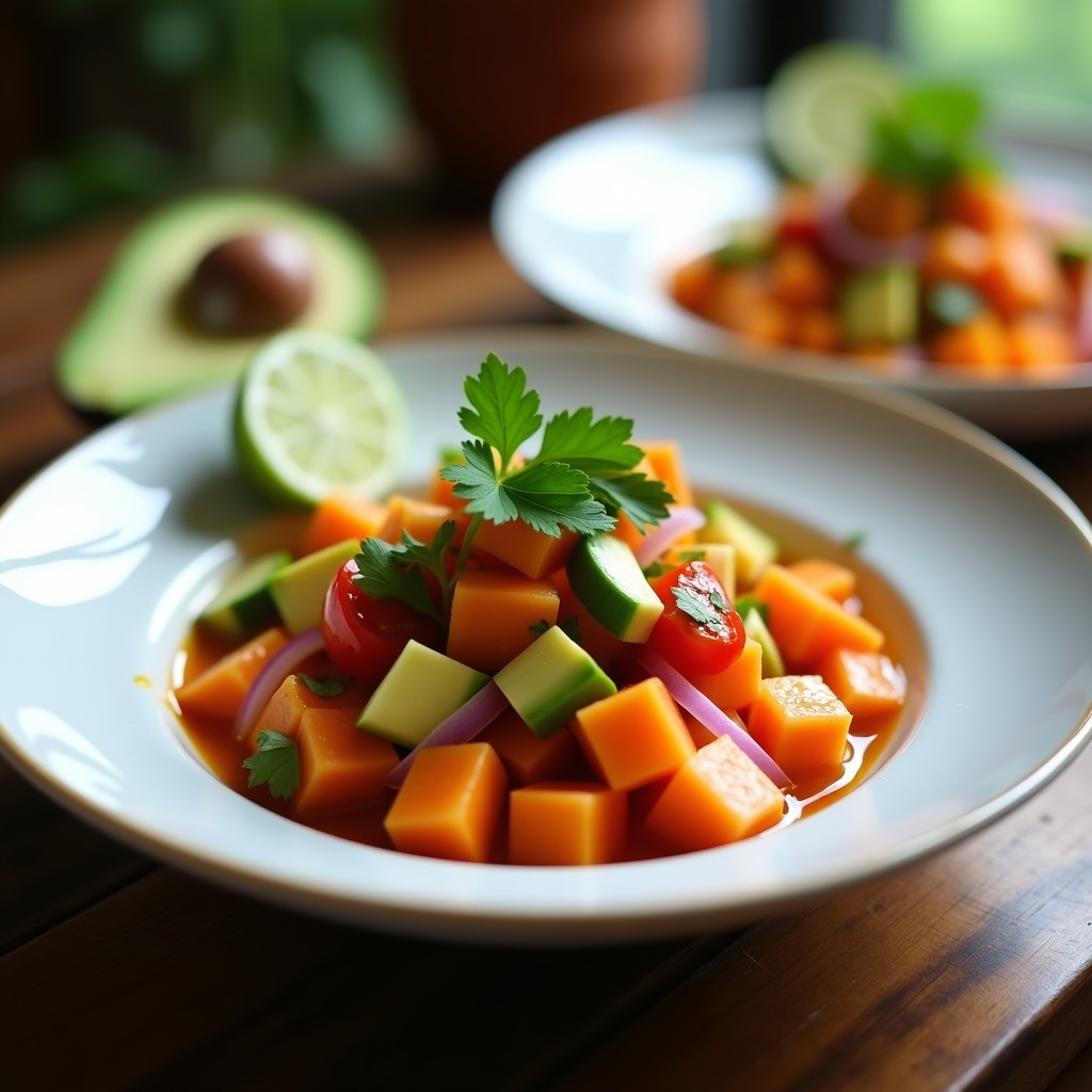 Cebiche vegano de papaya y aguacate en cuenco de cerámica blanca, con rodajas de limón y cilantro fresco, sobre fondo rústico de madera.