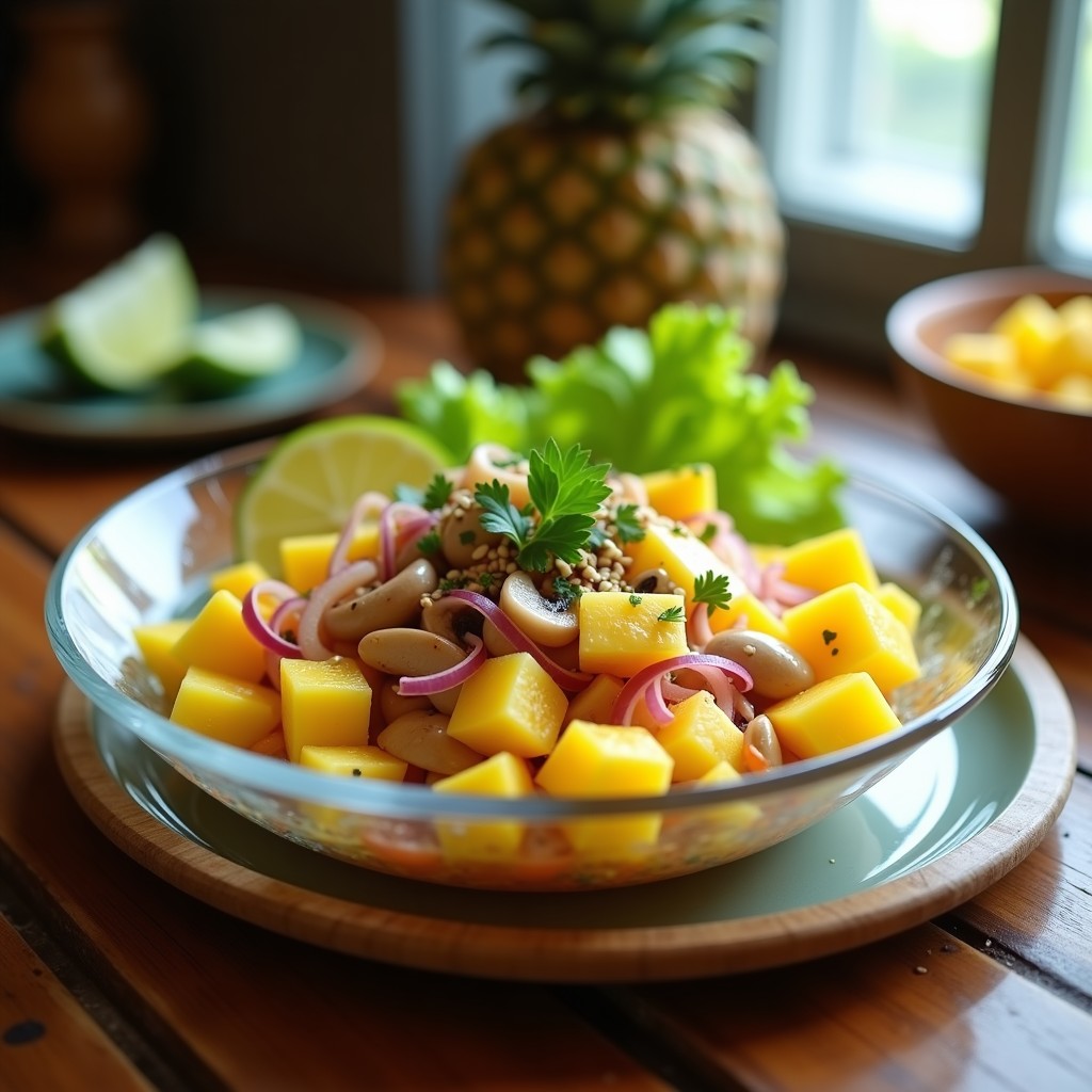 Plato transparente de cristal con cebiche vegano de piña y mango en cubos, hongo shiitake laminado, cebolla morada y semillas de sésamo, sobre un fondo de hojas de lechuga y rodajas de limón verde.