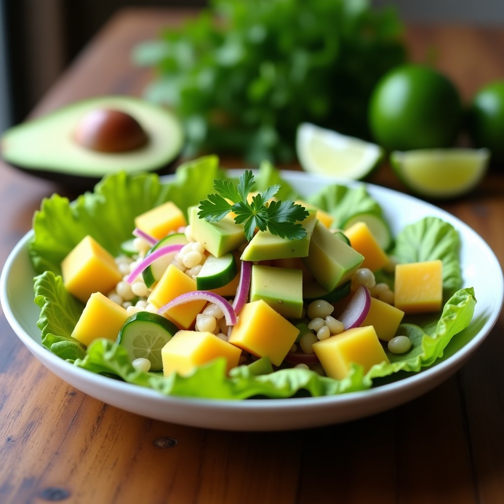 Plato blanco con cebiche vegano de piña y pepino, servido sobre hojas de lechuga romana, decorado con láminas de aguacate y cilantro fresco, con un toque tropical.