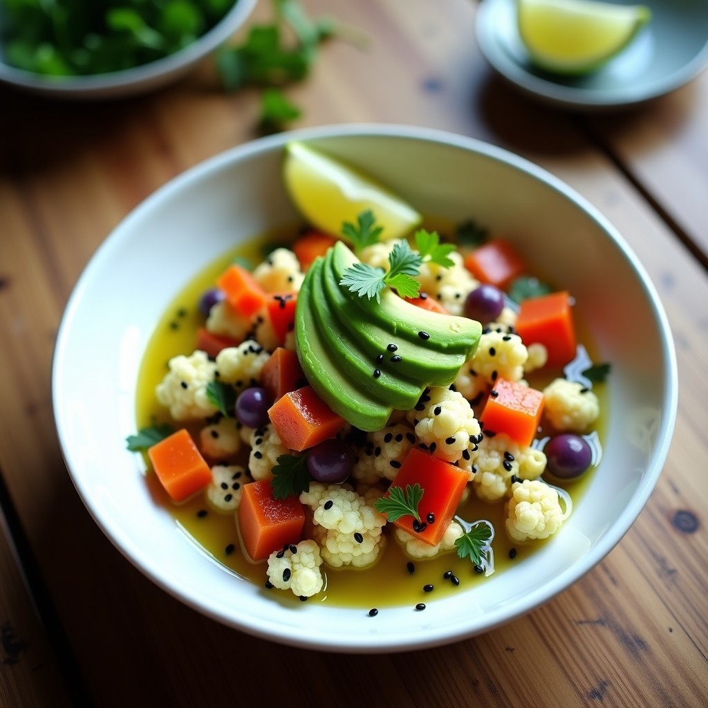 Cebiche vegano en plato hondo blanco con verduras marinadas en limón, kimchi, alga nori y aguacate, decorado con semillas de sésamo negro y cilantro fresco.