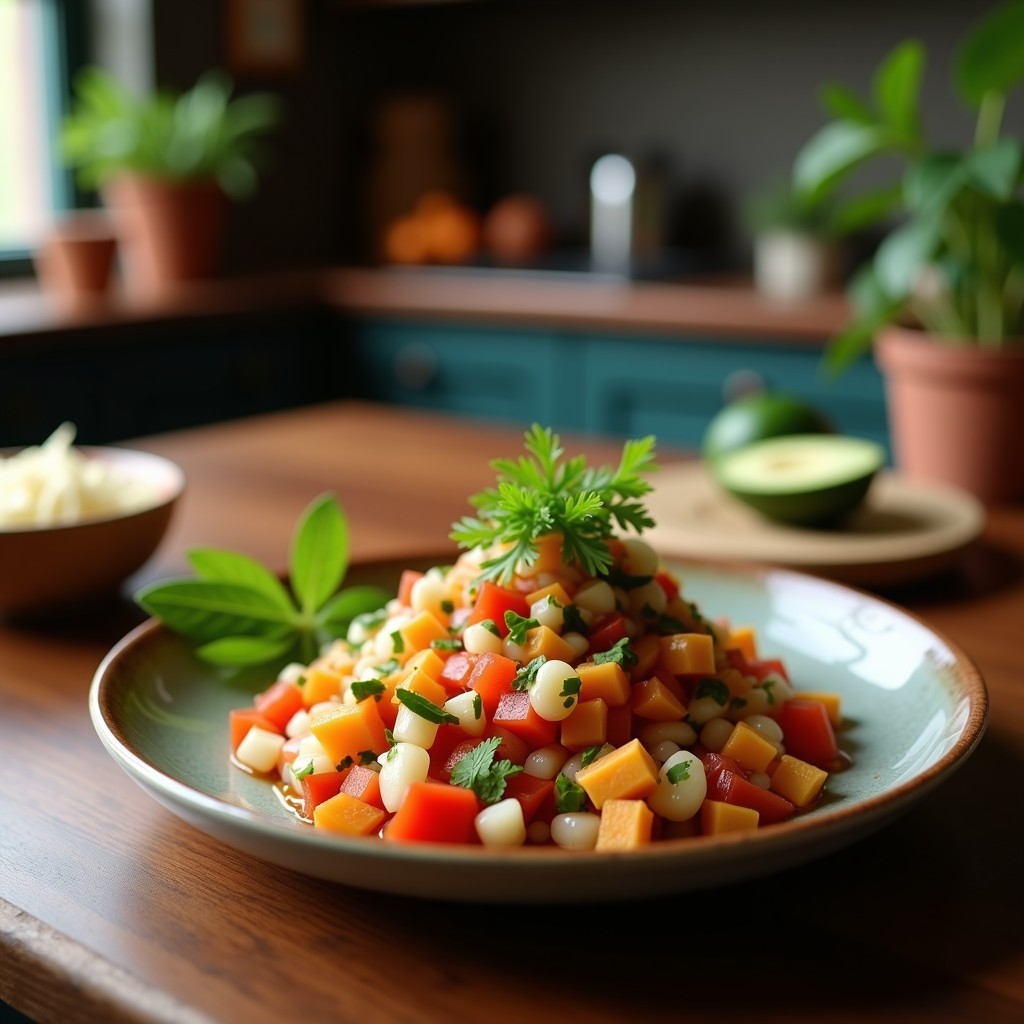 Plato de cebiche vegetal peruano con champiñones portobello, corazón de alcachofa y pimiento rojo marinados en leche de tigre con jengibre, decorado con cilantro y maíz tostado.