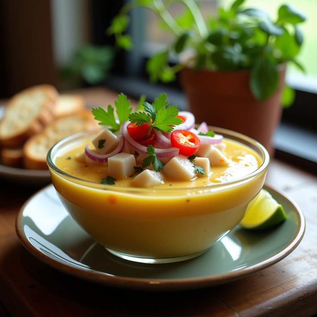 Copa de cristal transparente con cebiche de tiburón paloma, trozos de pescado blanco marinado en leche de tigre amarilla, cebolla morada, ají dulce y cilantro, servido sobre una mesa rústica con tostadas y limón verde.