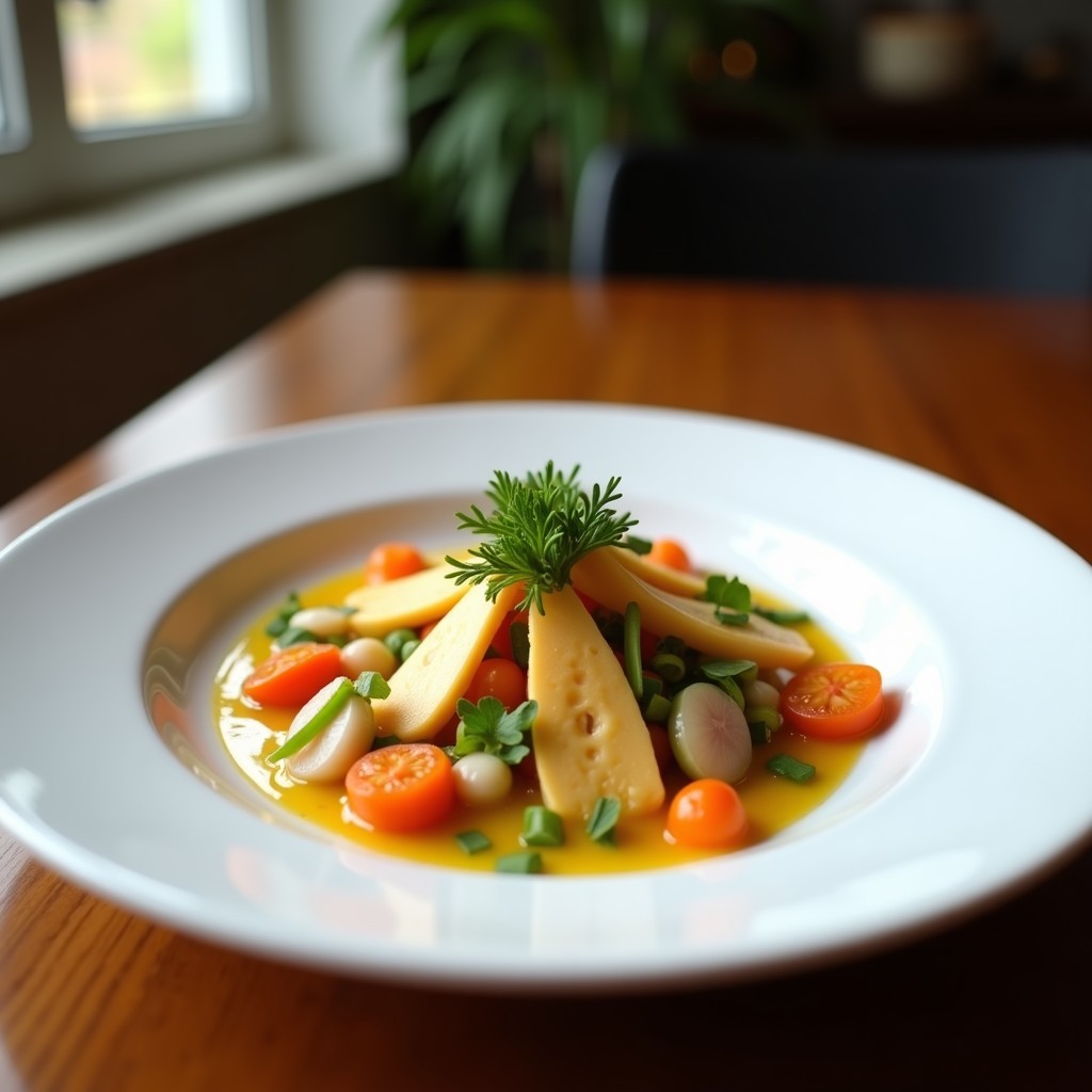 Copa de cristal transparente con cebiche de verduras ahumadas, coliflor, zanahoria, pimiento rojo y aguacate, decorado con cilantro fresco y pimentón ahumado, sobre fondo rústico de madera.