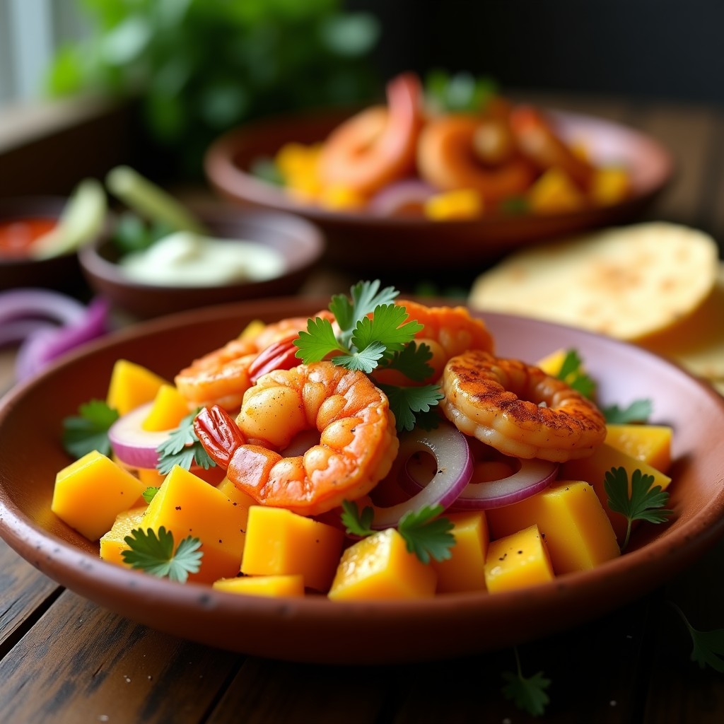 Ceche de Camarones al Mango y Chili servido en copa de cristal, con camarones rosados, cubos de mango naranja, cebolla morada y cilantro fresco, decorado con chili en polvo y ramitas de apio, sobre fondo rústico de madera.