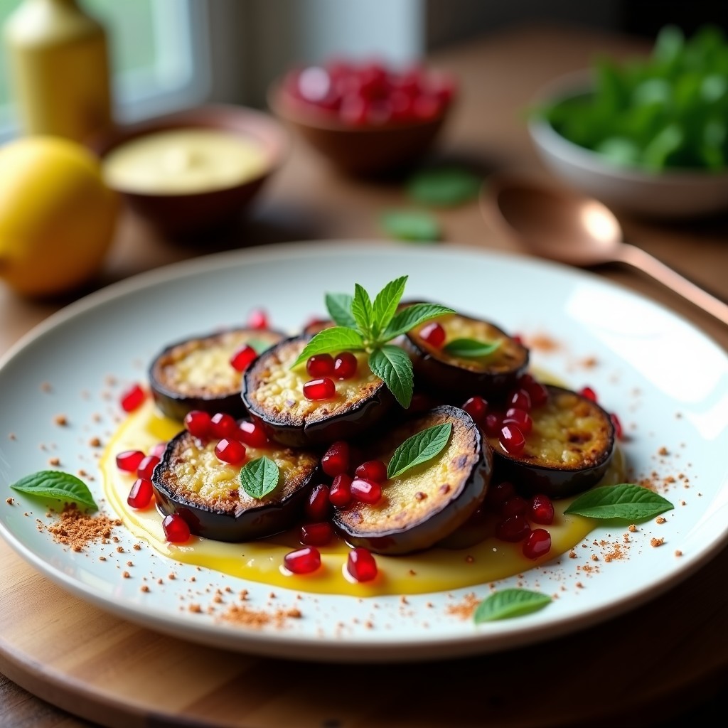 Plato de cerámica blanca con cecheta de berenjenas ahumadas, trozos dorados de berenjena bañados en vinagreta cremosa de tahini, limón y ajo, decorado con semillas de granada rojas y hojas de menta verde. Aperitivo libanés vegano y crudivegano.