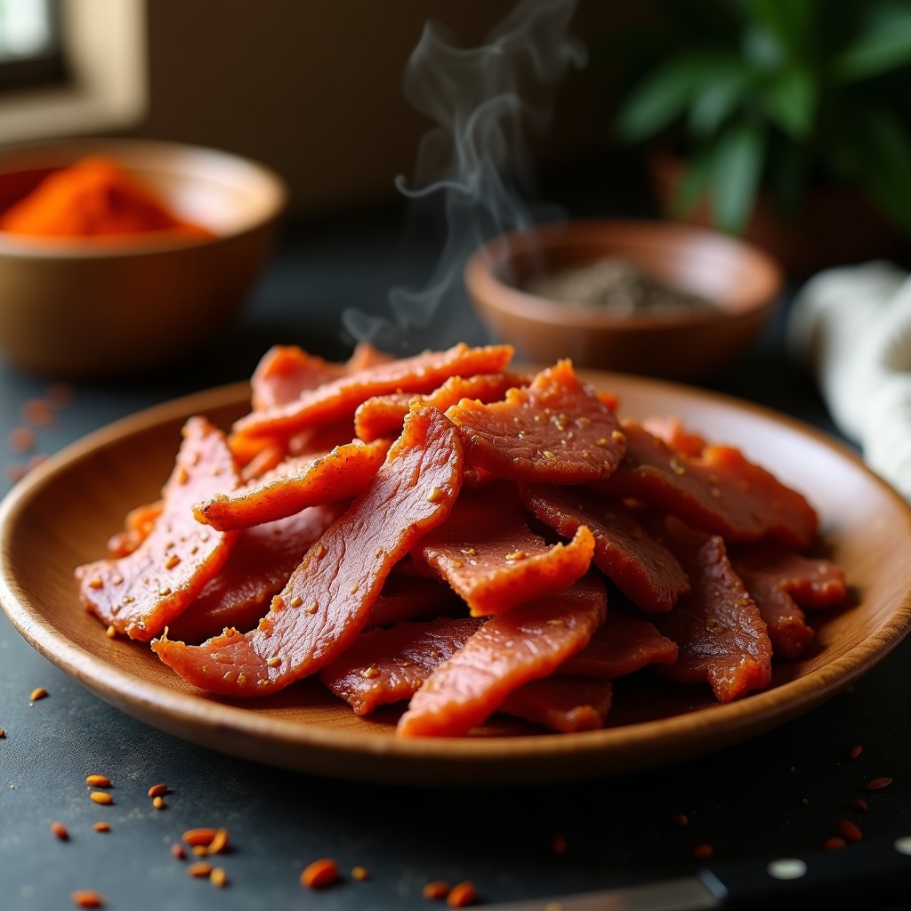 Tiras doradas y crujientes de cecina en airfryer con toque ahumado, servidas en un plato de madera rústico con especias al fondo.