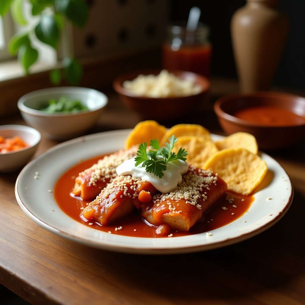 Plato de cecina enchilada mexicana: filetes finos de carne seca y marinada en salsa de chiles, dorados y crujientes, servidos con cebolla morada, cilantro y limón sobre un comal de barro.
