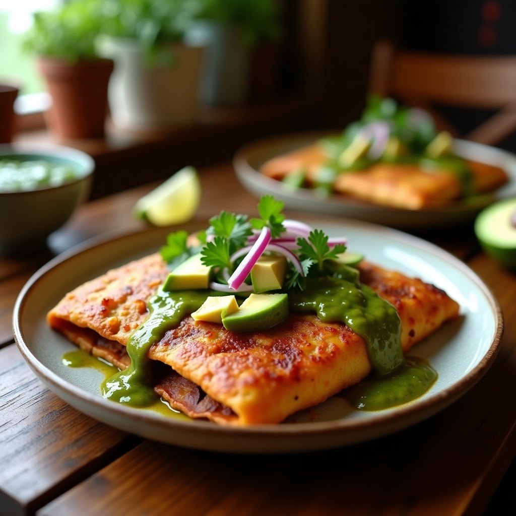 Plato de cecina enchilada con salsa verde en airfryer, crujiente y dorada, acompañada de rodajas de cebolla morada y aguacate sobre una mesa rústica de madera.