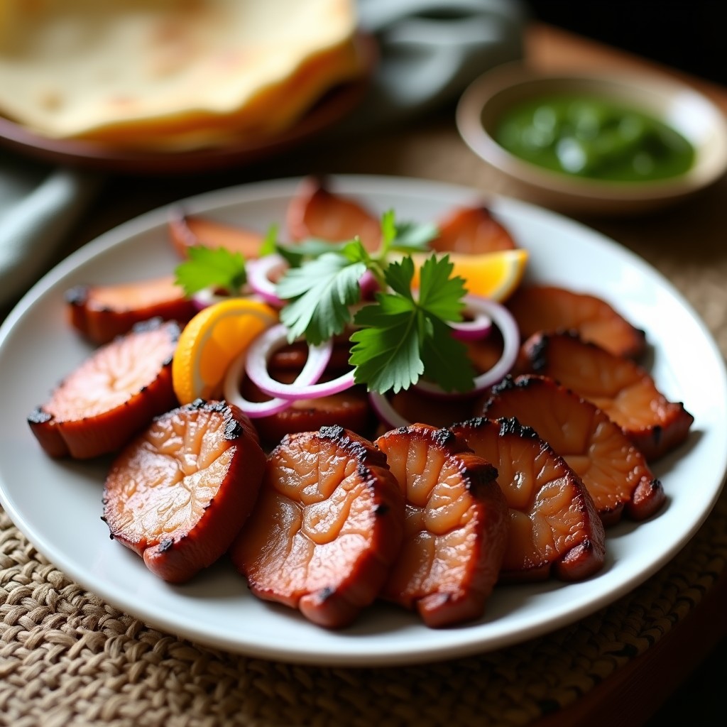 Plato de cecina encurtida con naranja agria, filetes dorados de carne de cerdo marinado, acompañados de cebolla morada, rodajas de naranja y cilantro fresco sobre un mantel rústico.