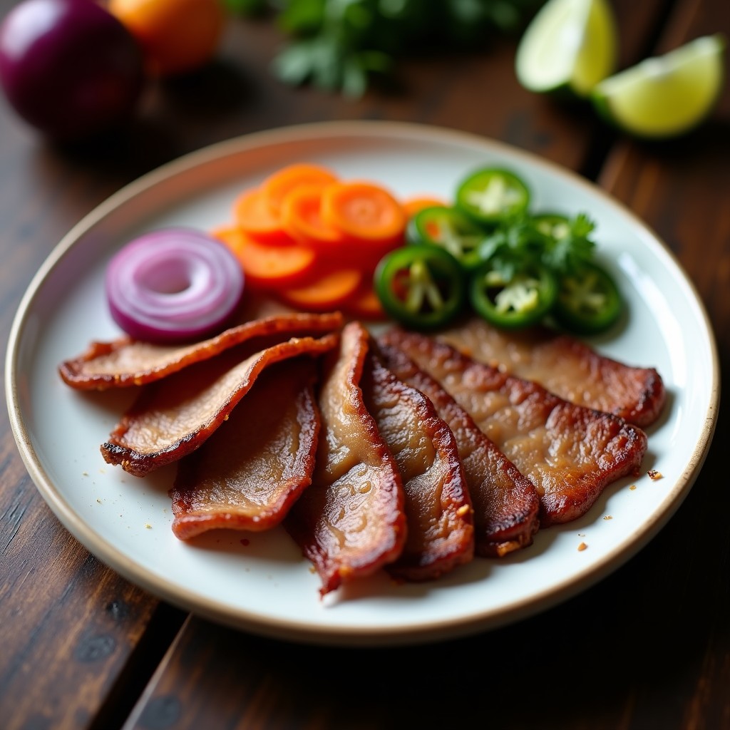 Plato de cecina oaxaqueña dorada y crujiente en airfryer, acompañada de encurtidos de cebolla morada, zanahoria y jalapeño, servida sobre un lecho de hojas de lechuga con limón al lado.