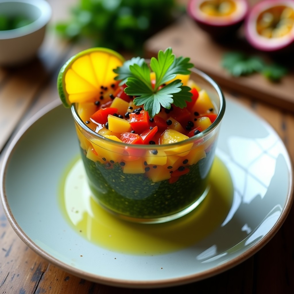 Ceiche vegano de algas wakame y maracuyá servido en copa de cristal, con trozos de algas verdes, cebolla morada, pimiento rojo y semillas de sésamo negro, decorado con rodajas de maracuyá y cilantro fresco.