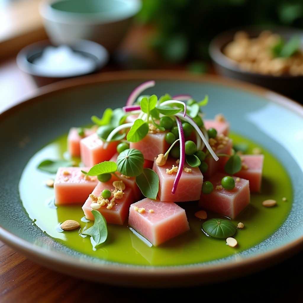 Ceiche de coral de atún con leche de tigre verde servido en plato de piedra, decorado con germinados de rábano, almendras fileteadas y rodajas de limón, con hielo picado al lado.