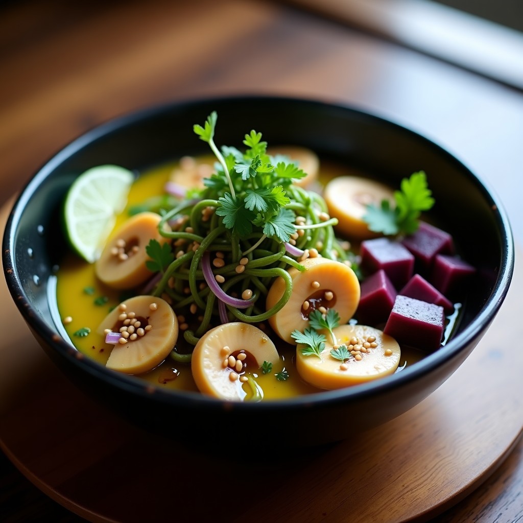 Plato de ceiche vegano peruano con hongos shitake marron oscuro en láminas, algas wakame verdes, cebolla roja en juliana, trozos de rocoto naranja y semillas de sésamo negro, bañado en leche de tigre cítrica con hierbabuena fresca. Presentado en un bowl de cerámica blanca sobre fondo de madera rústica.