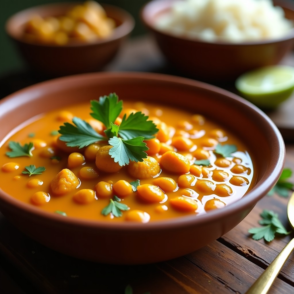 Plato hondo de barro con ceilán de lentejas rojas y tamarindo, bañado en salsa de curry amarillo y leche de coco, decorado con cilantro fresco y acompañado de arroz basmati.
