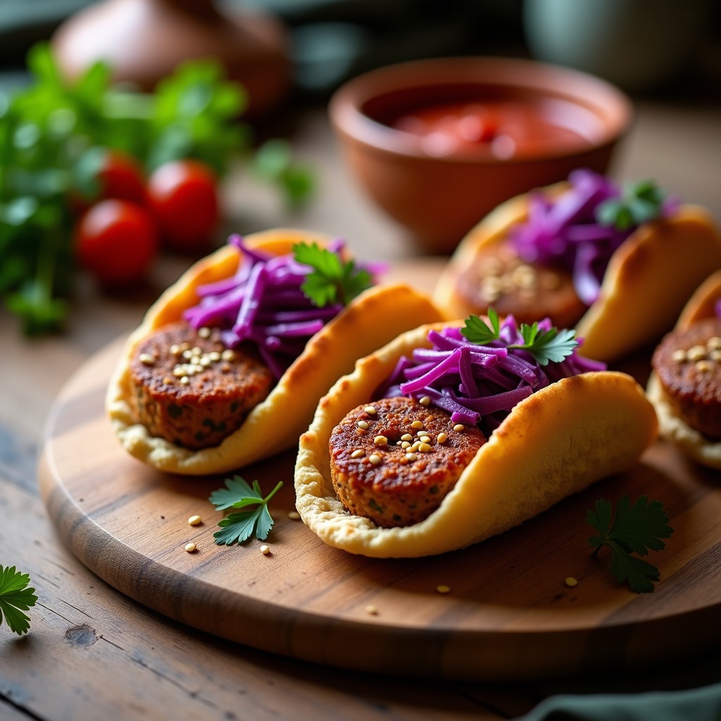 Cevapcici veganos de berenjena y lentejas rojas dorados y humeantes en airfryer, servidos en pan de pita con salsa ajvar, lechuga morada y semillas de sésamo, receta balcánica alta en proteína.