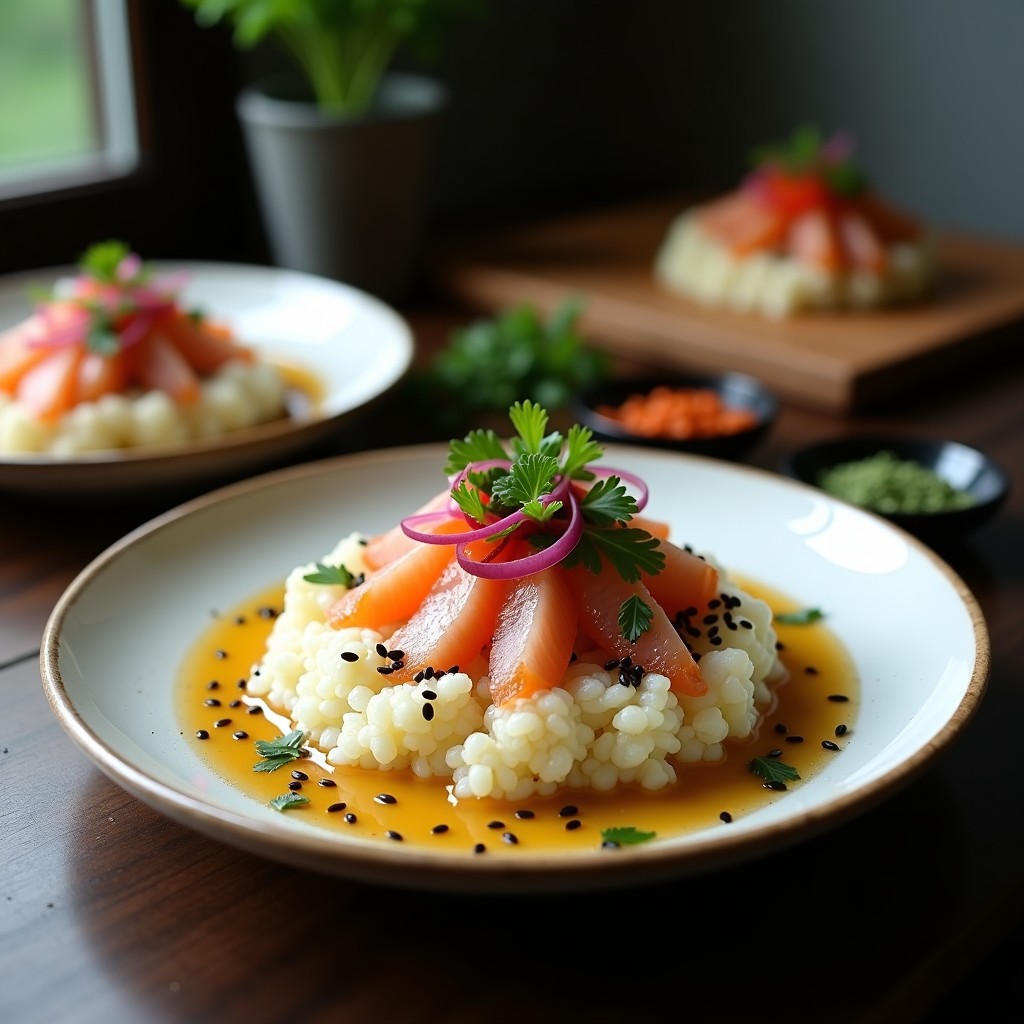 Plato de cevi-sushi con láminas de pescado crudo marinado en leche de tigre sobre una base de arroz de coliflor, decorado con semillas de sésamo, algas nori y cebolla morada en juliana, fusión peruano-japonesa.