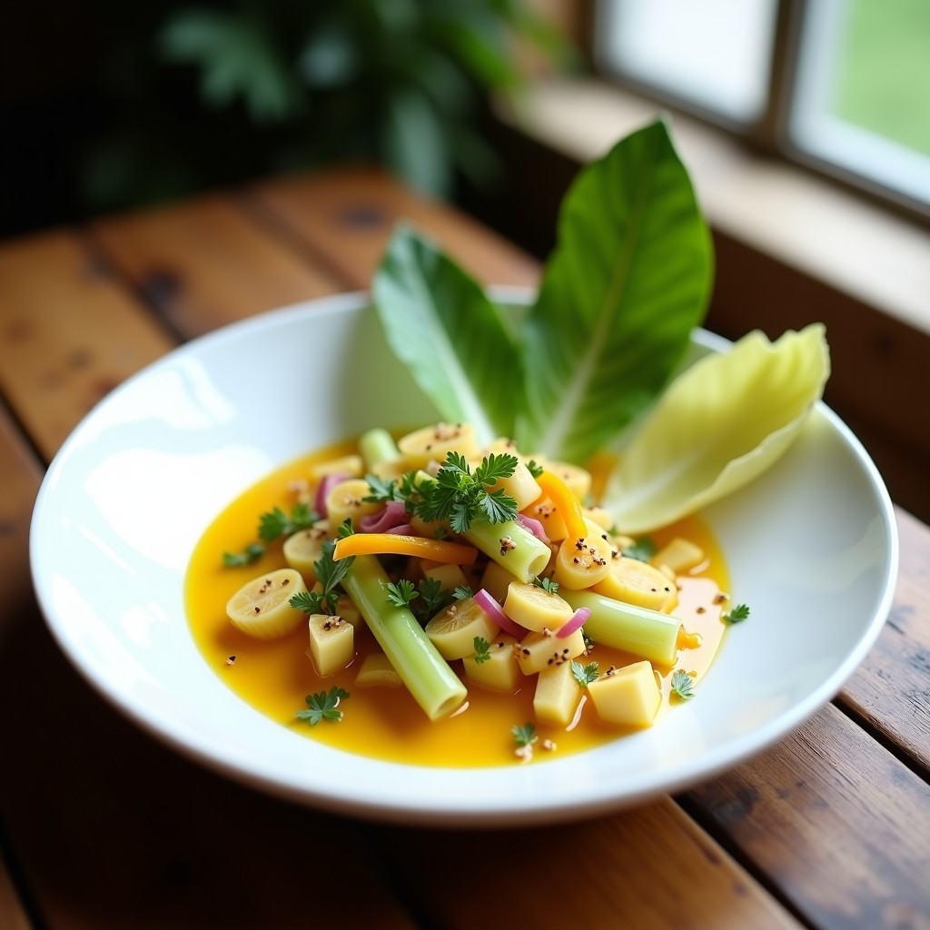 Plato blanco hondo con ceiche de corazón de alcachofa en rodajas finas, bañado en leche de tigre de cúrcuma dorada, decorado con semillas de sésamo, cilantro fresco y hojas de menta. Acompañado de rodajas de limón verde y cebolla morada en juliana sobre fondo rústico de madera.
