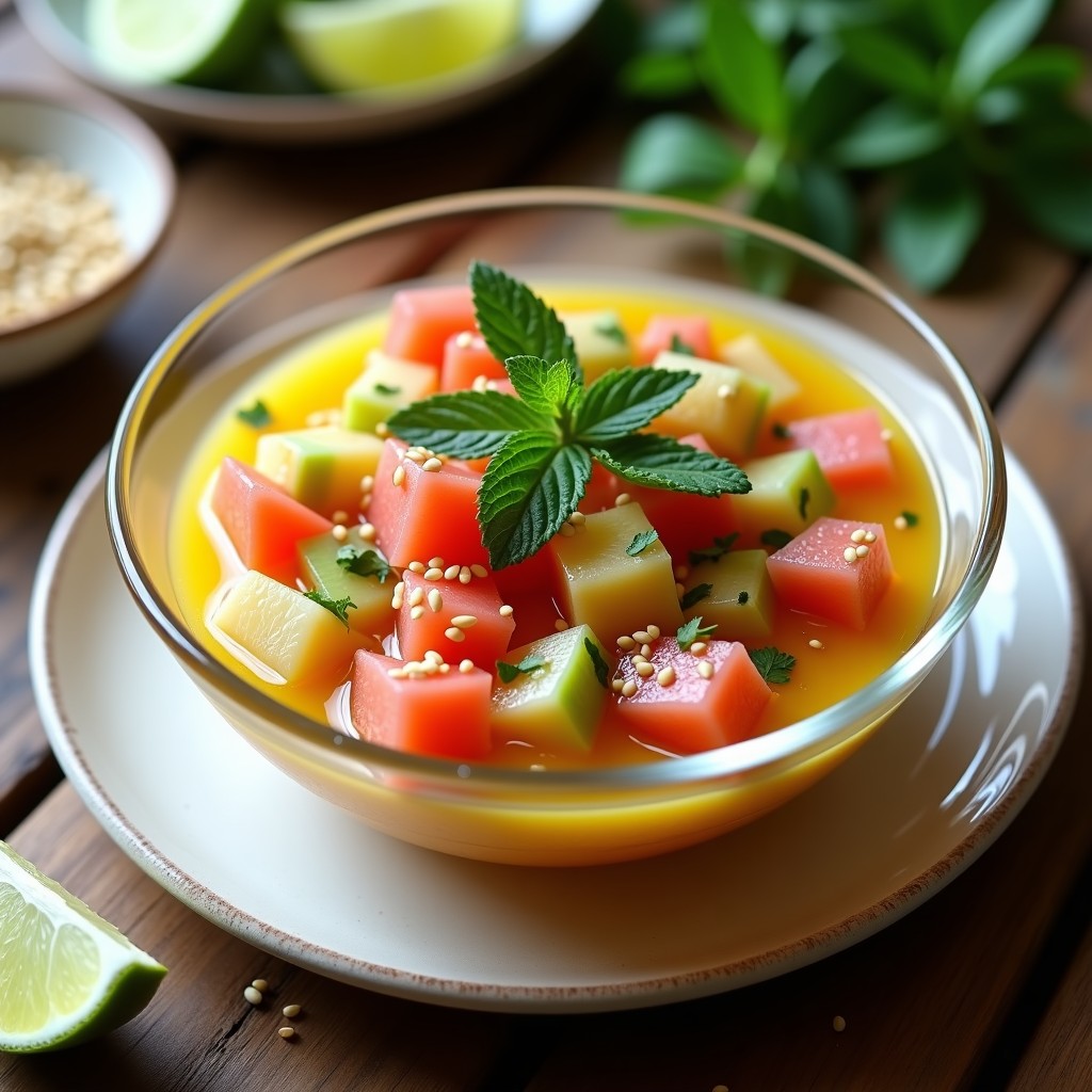 Ceviche vegano peruano de corazón de alcachofa y pomelo rosa servido en copa de cristal, con leche de tigre amarilla, semillas de sésamo y hojas de menta. Plato fresco, colorido y detox.