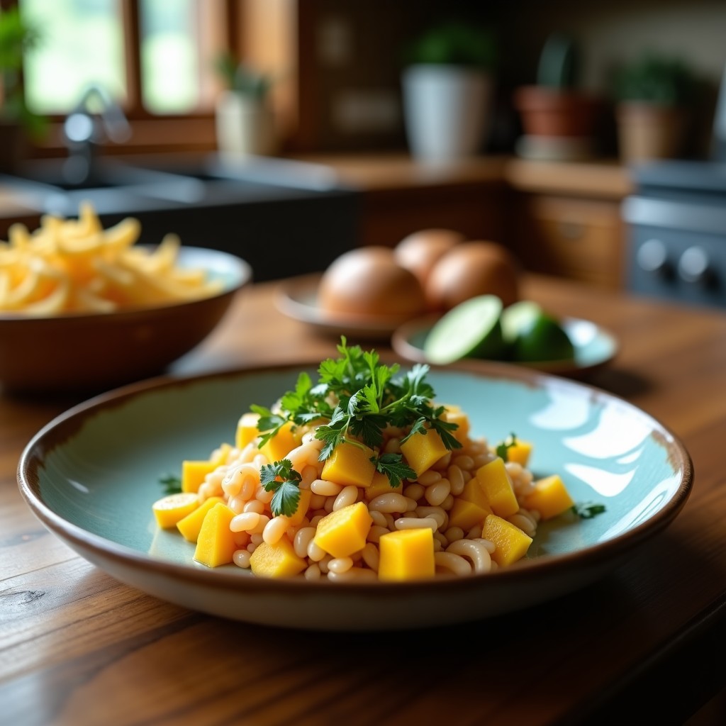 Ceviche vegano hawaiano con coral de algas rosadas y trozos de mango amarillo en una copa de coco, bañado en leche de tigre cremosa de coco, decorado con cilantro, semillas de sésamo y copos de alga nori, servido sobre una mesa de madera con chips de plátano verde.