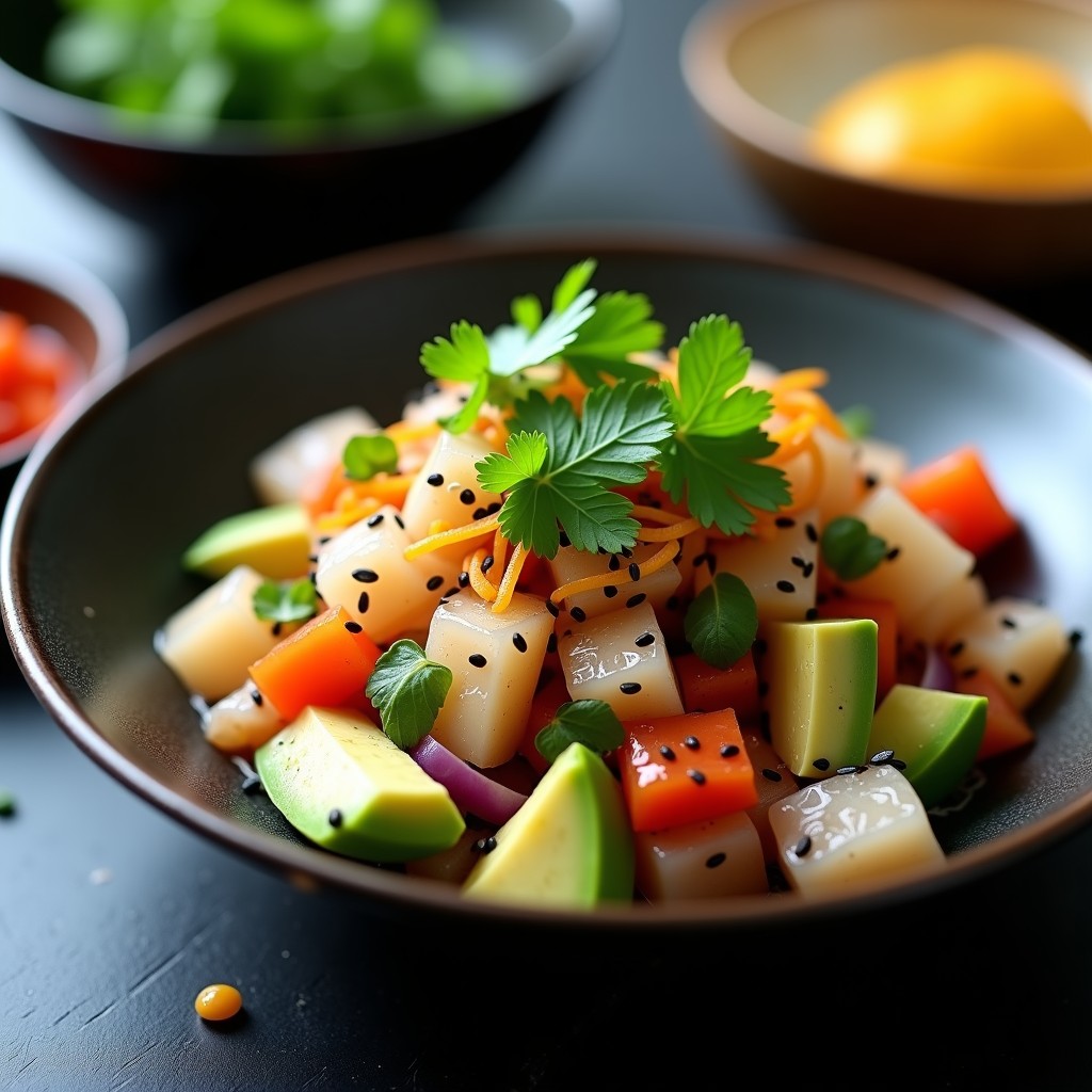 Ceviche vegano de algas nori y pompano servido en cucharitas de endibia, con semillas de sésamo negro y ralladura de yuzu, sobre fondo oscuro con toques de cilantro fresco.