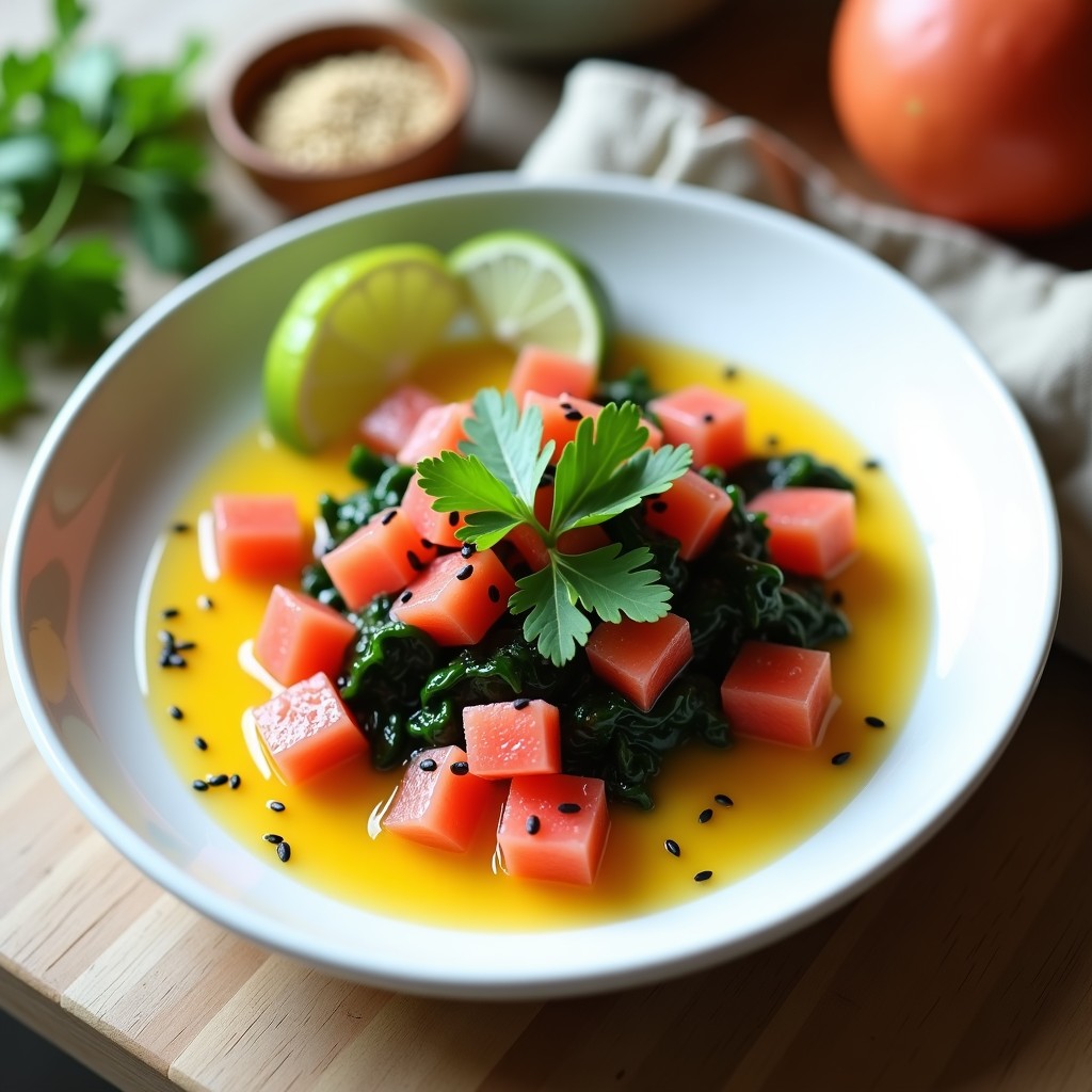 Plato blanco ovalado con ceviche vegano de algas wakame hidratadas y pomelo rosa en cubos, bañado en leche de tigre amarilla de maracuyá. Decorado con semillas de sésamo negro, cilantro fresco y rodajas de lima al fondo. Estilo fresco y minimalista con colores vibrantes.