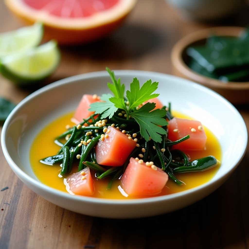 Ceviche vegano de algas wakame hidratadas y pomelo rosa en cubos, bañado en leche de tigre de jengibre, decorado con semillas de sésamo y cilantro fresco. Plato fresco y colorido sobre fondo rústico.