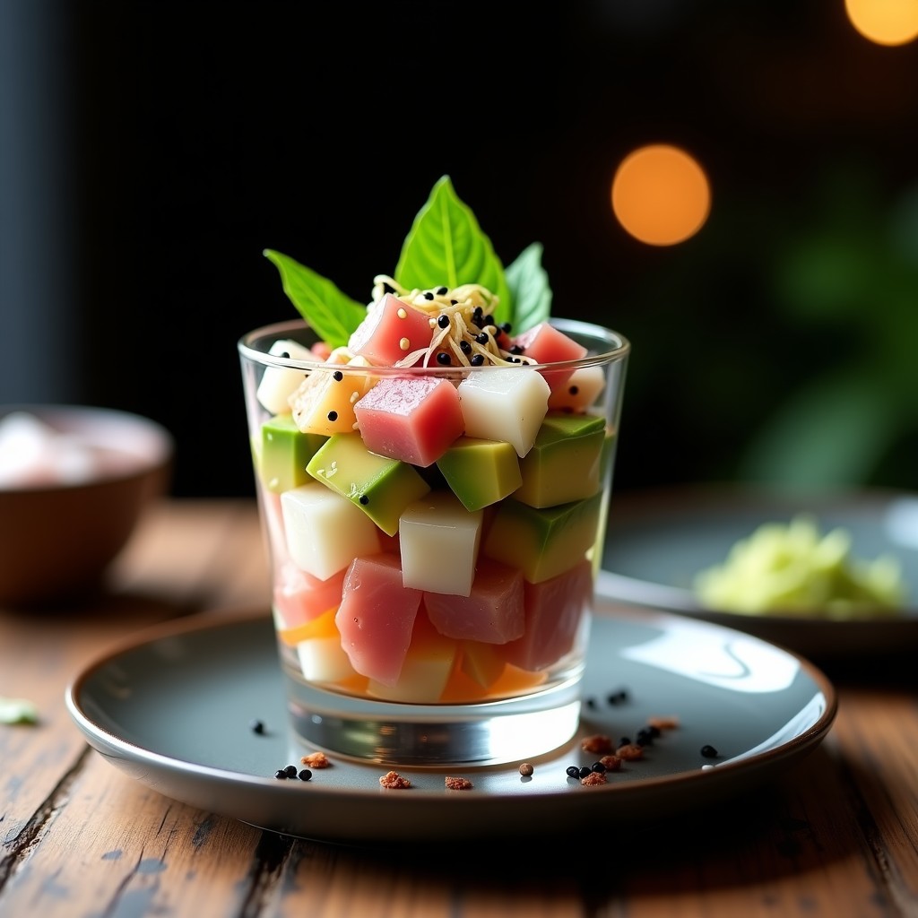 Copa de cristal transparente con ceviche de atún fresco en cubos, aguacate verde cremoso, trozos de lichi brillante y decoración con semillas de sésamo negro, pimienta rosa y hojas de shiso sobre fondo oscuro, receta fusion japonesa-peruana.