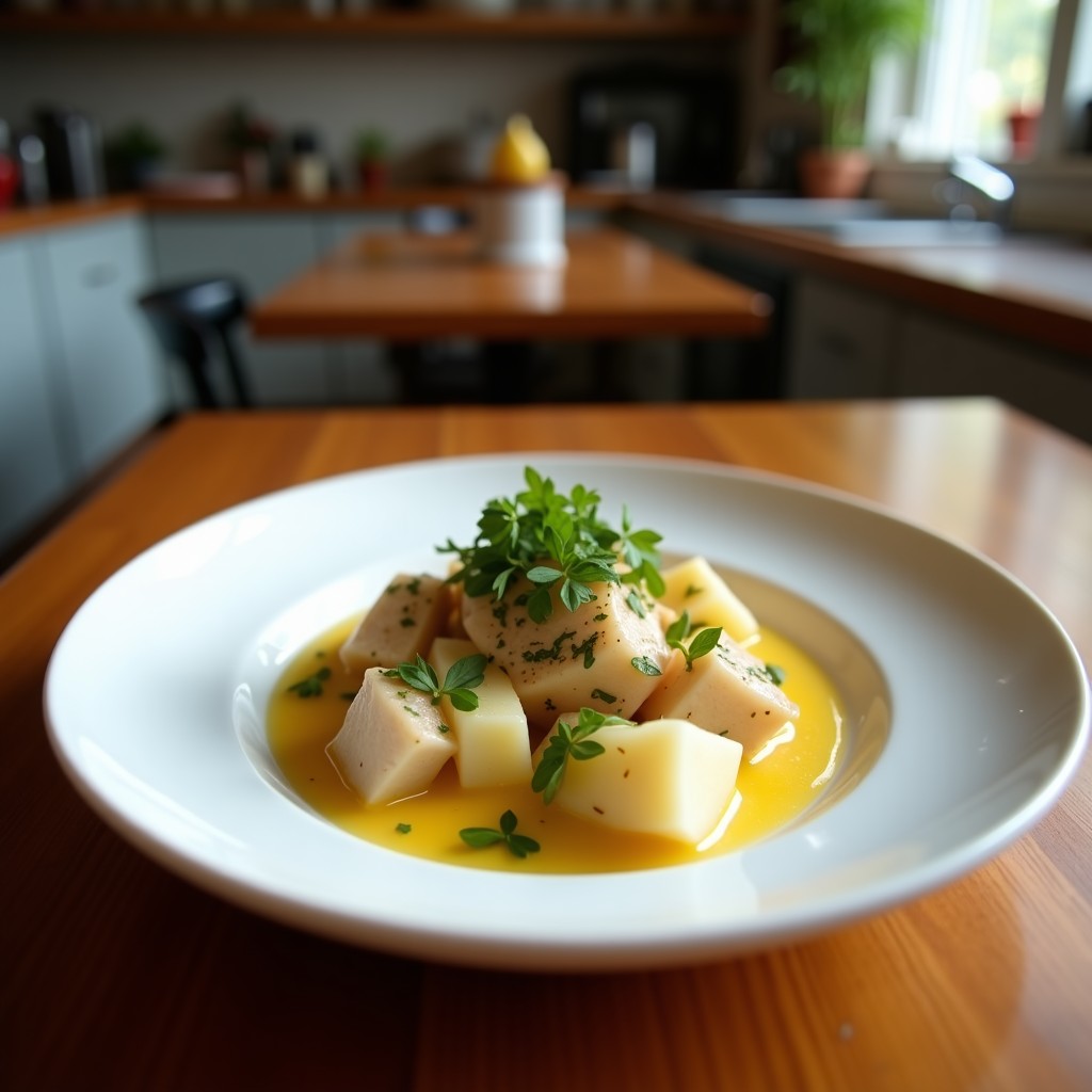 Ceviche de atún ahumado en cubos, pepino en juliana y cebolla morada, bañado en leche de tigre de maracuyá de color amarillo vibrante, decorado con semillas de sésamo negro, algas nori y cilantro fresco. Plato fusion peruano-japonesa servido en un bol de cerámica blanca con fondo oscuro.