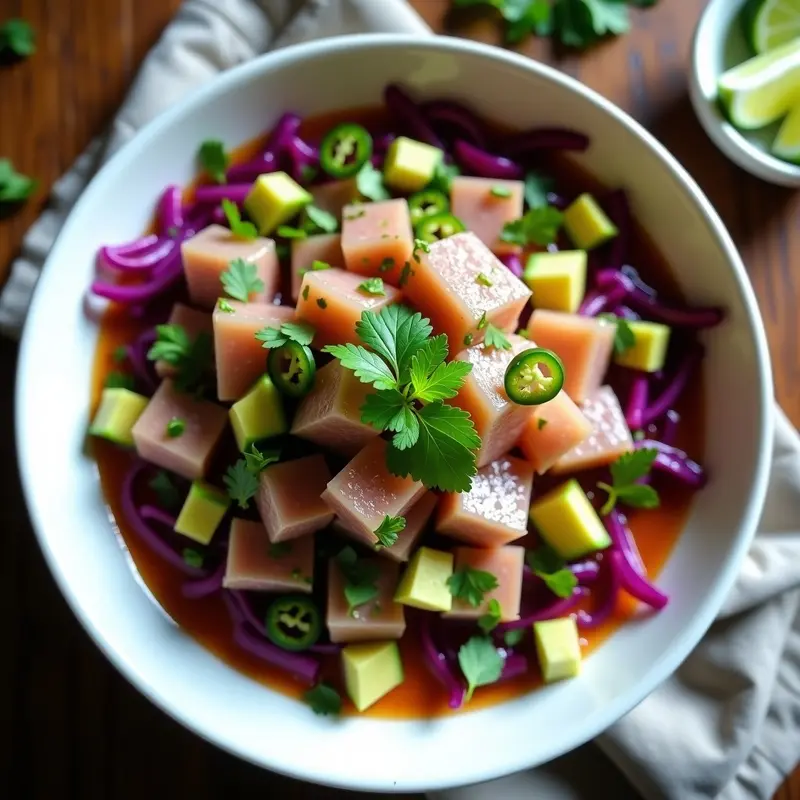 Ceviche de Atún con Cítricos y Jalapeño: Receta Peruana Keto con Aguacate y Lechuga Morada