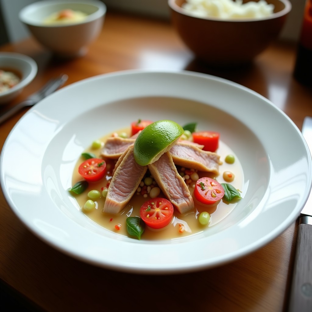 Ceviche de Atún con Leche de Coco y Lima Kaffir: Receta Tailandesa con Toque Peruano