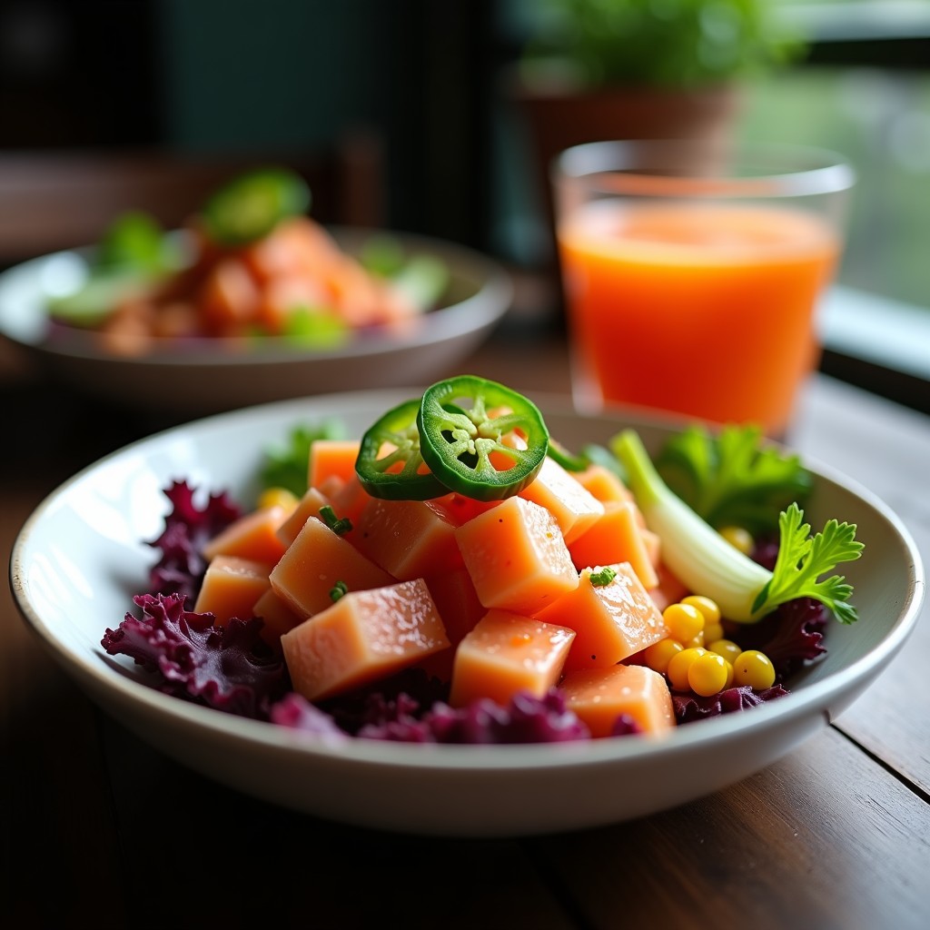 Ceviche de atún fresco en cubos bañado en leche de tigre de acerola y jalapeño, servido en plato blanco con cebolla roja, cilantro y rodajas de jalapeño. Receta peruana antioxidante y vibrante.