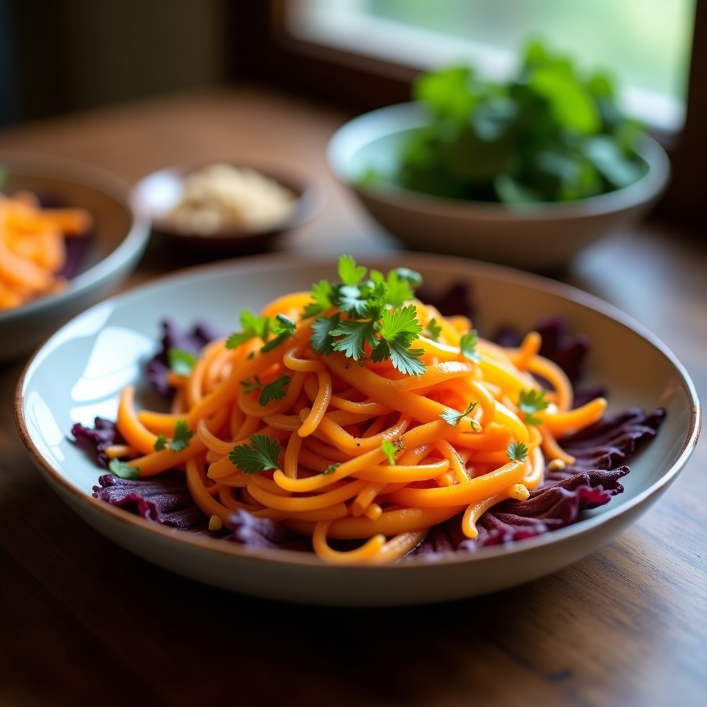 Plato de ceviche vegano venezolano con auyama y zanahoria en juliana, bañado en leche de tigre de naranja, decorado con semillas de granada y sésamo sobre hojas de lechuga morada. Presentación fresca y colorida en un plato blanco rústico.