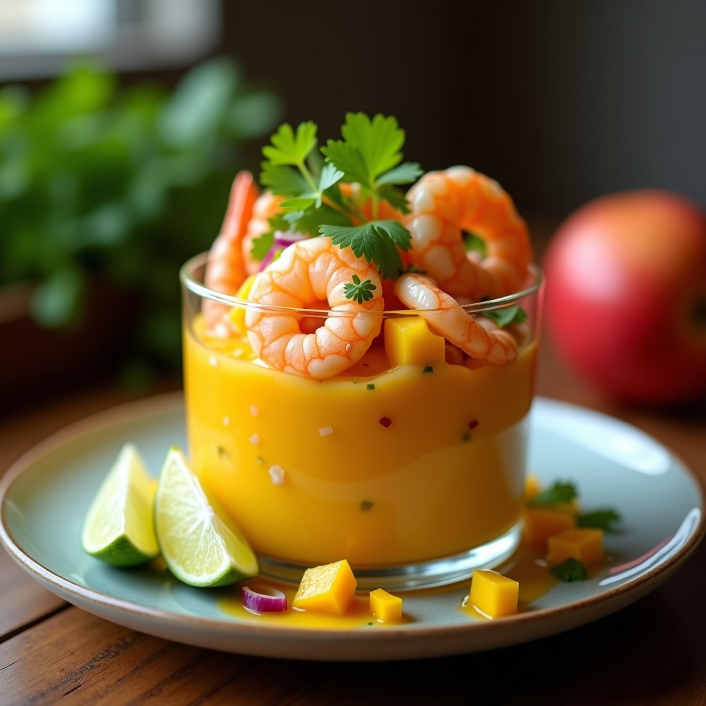 Ceviche de camarón con leche de tigre de mango servido en copa de cristal, con trozos de camarón rosa, mango amarillo en cubos, cebolla morada en juliana y cilantro fresco. Plato fresco y colorido típico de la cocina peruana.