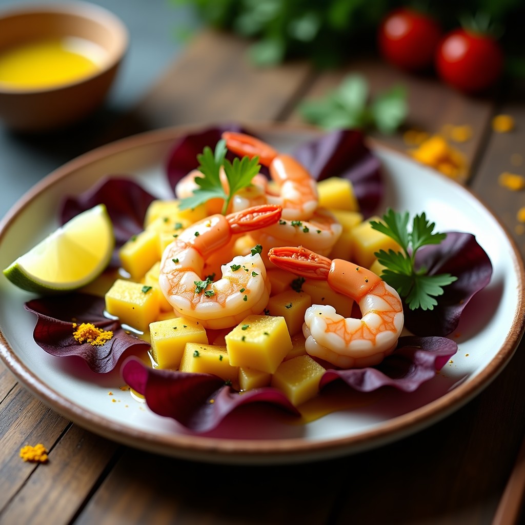 Ceviche de camarón con leche de tigre de piña y cúrcuma servido en un plato blanco hondo, con trozos de camarón rosado marinado, cebolla morada en juliana, apio picado y cilantro fresco. El plato está rodeado de rodajas de limón verde y decorado con hojas de cilantro. Receta peruana alta en antioxidantes.