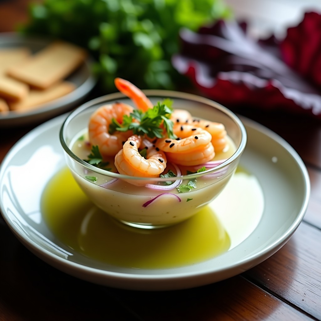 Ceviche de camarón con pera y vinagreta de wasabi servido en copa de cristal transparente, con trozos de pera dorada, camarones rosados y semillas de sésamo negro espolvoreadas. Acompañado de hojas de lechuga morada y crackers de arroz, sobre fondo de madera oscura con luz natural.
