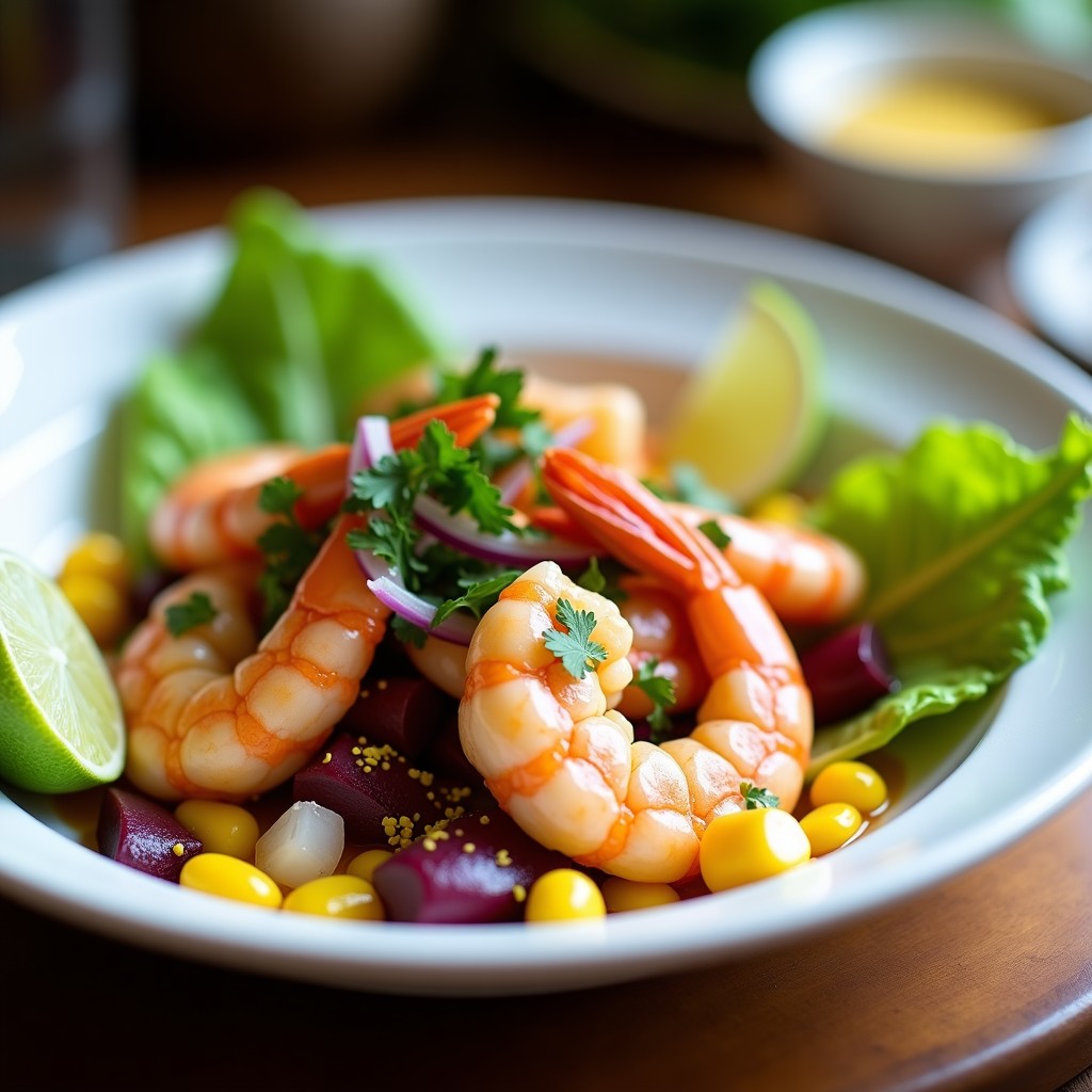 Ceviche de camarón y tamarindo peruano servido en plato hondo blanco sobre lecho de lechuga romana, con trozos de camarón rosado marinado, juliana de cebolla morada, tomate limón y culantro fresco. Acompañado de maíz tostado cancha serrana y rodajas de limón verde.