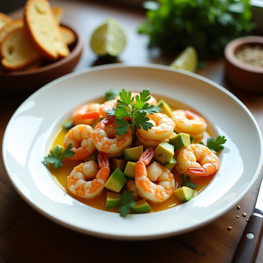 Plato elegante con ceviche de camarones con aguacate y lima, servido sobre hojas de lechuga morada, decorado con semillas de sésamo y cilantro fresco. Receta peruana alta en omega-3.
