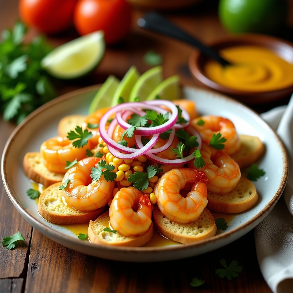 Ceviche de camarones al ají amarillo servido en tostadas de pan de yuca, con trozos de aguacate hass, cebolla roja en juliana y cancha serrana. Plato colorido con tonos amarillos del ají y verdes del culantro, sobre fondo rústico de madera.