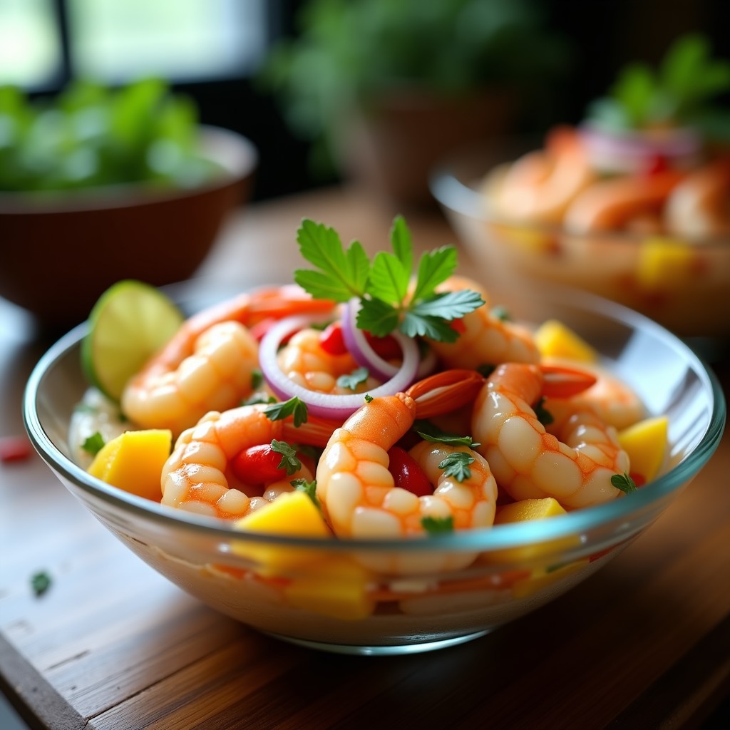 Ceviche tailandés de camarones al coconut milk con trozos de mango maduro, chile rojo y cebolla morada, servido en copa de cristal con decoración de cilantro y rodaja de limón verde.