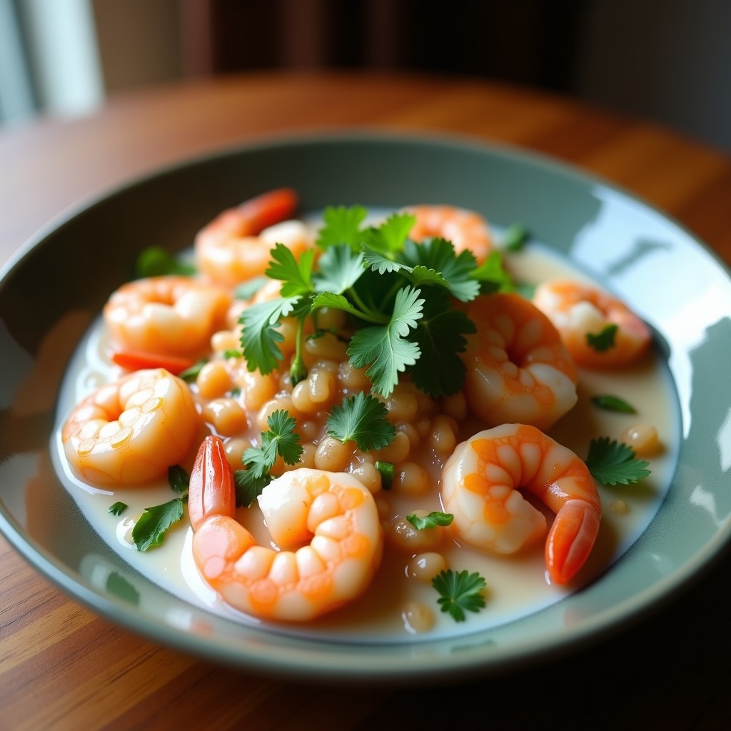 Ceviche de camarones con leche de coco y cilantro servido en copa de cristal transparente, con camarones rosados, trozos de aguacate verde, cebolla morada en juliana y hojas de menta. Plato fresco y cremoso típico de la cocina colombiana.