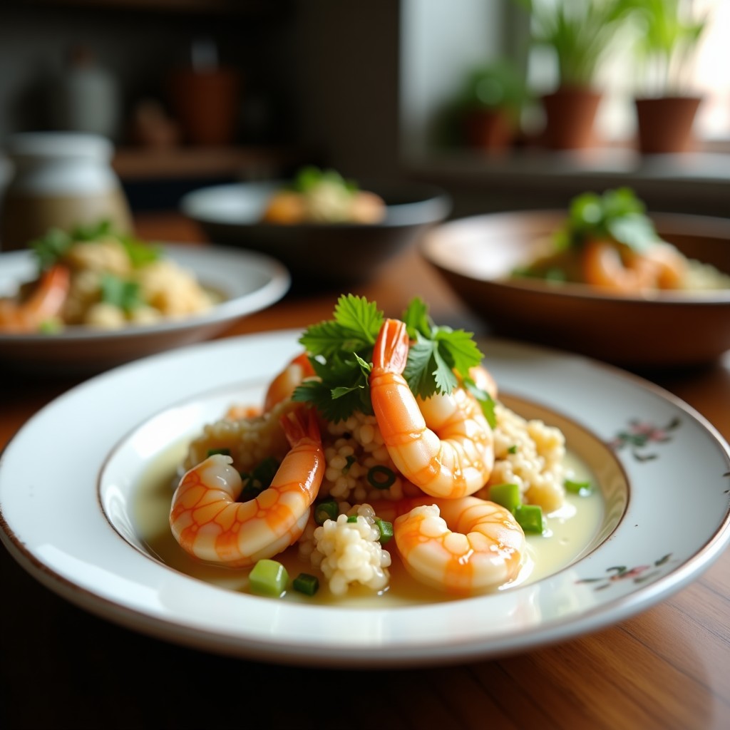 Ceviche de camarones con leche de coco y limón servido en copa de cristal transparente, con camarones rosados, aguacate verde, cebolla morada y cilantro fresco, decorado con hojas de hierbabuena sobre fondo rústico de madera.